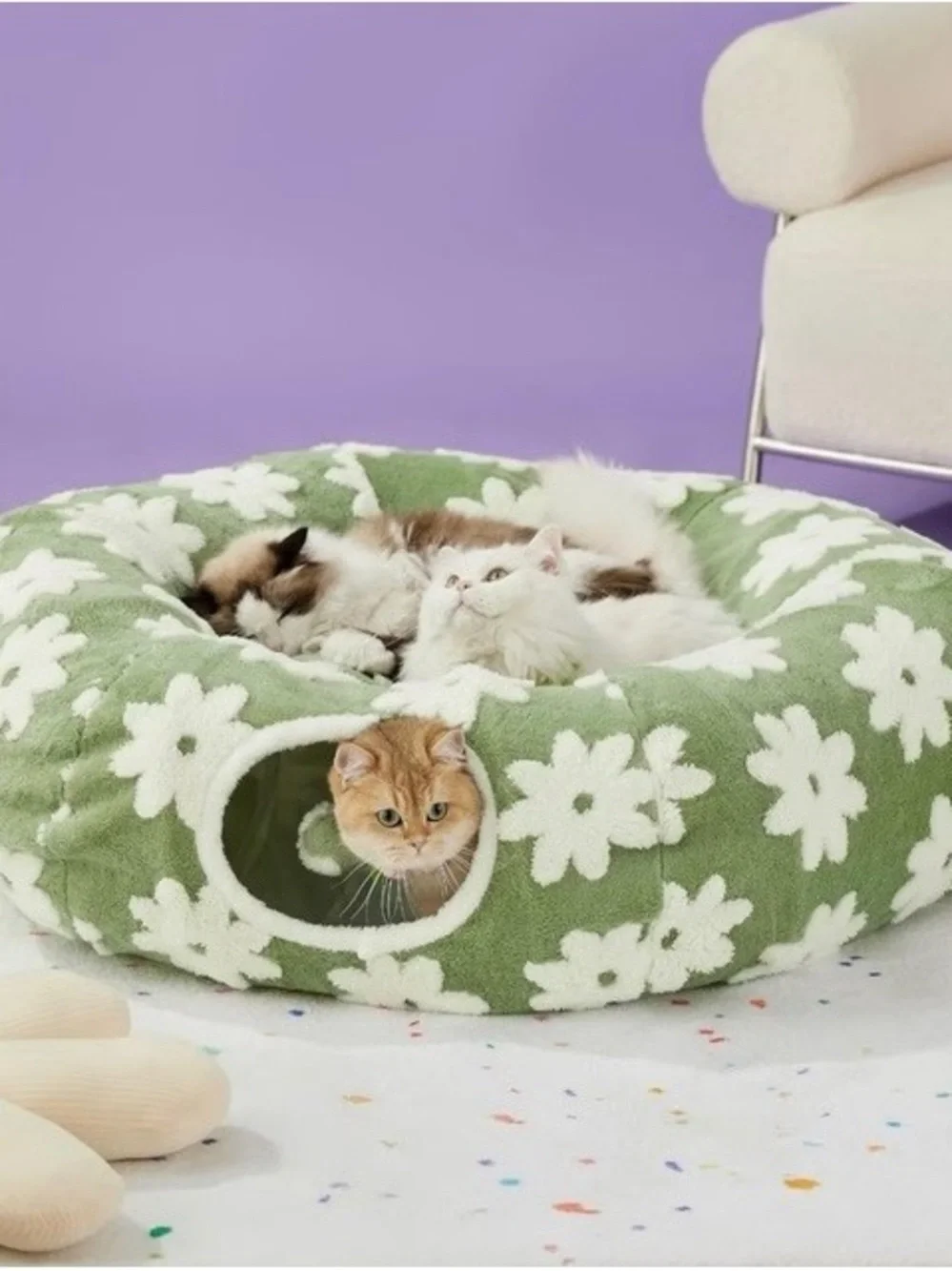 BEDSURE Plush Green Daisy Cat Tunnel & Bed 💚🍃❗️🐈